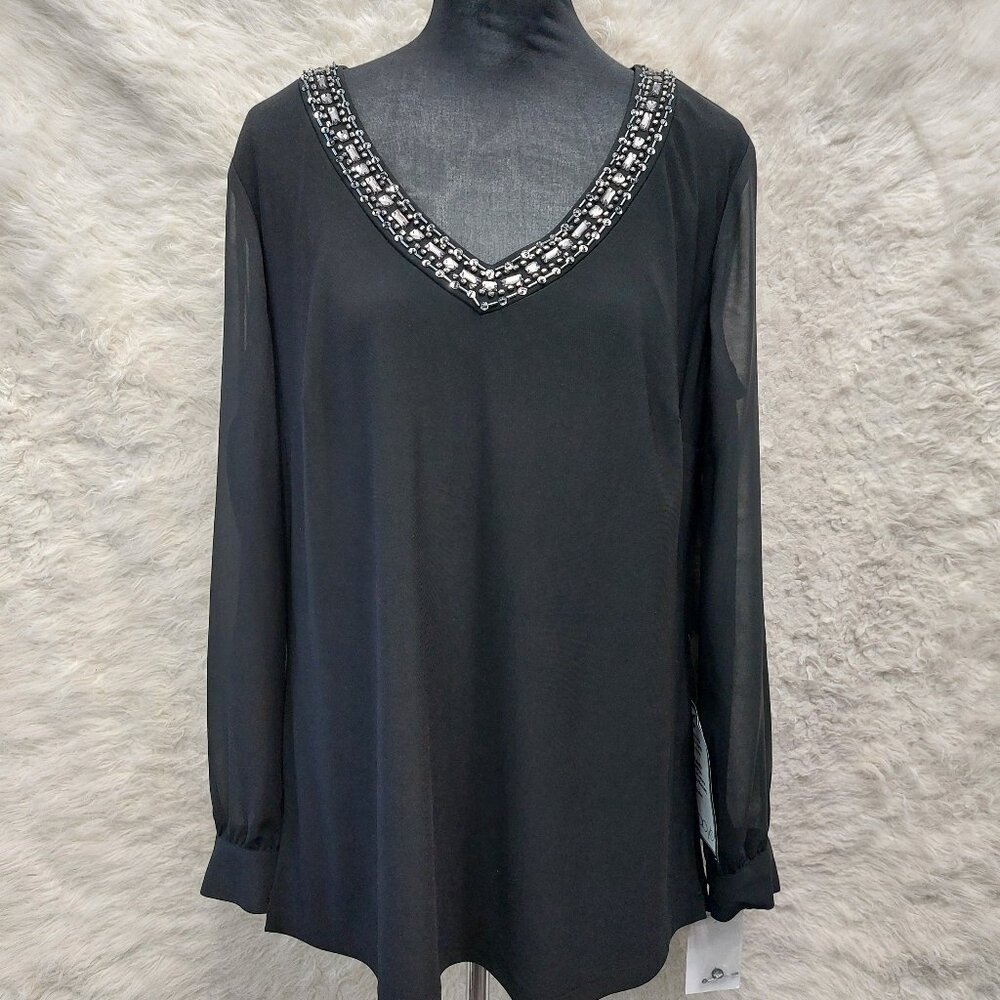 Alex Evening Women's Black Chiffon V-Neck Blouse Top Size XL